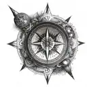 A compass pointing towards a full moon, with intricate geometric patterns surrounding it tattoo design idea