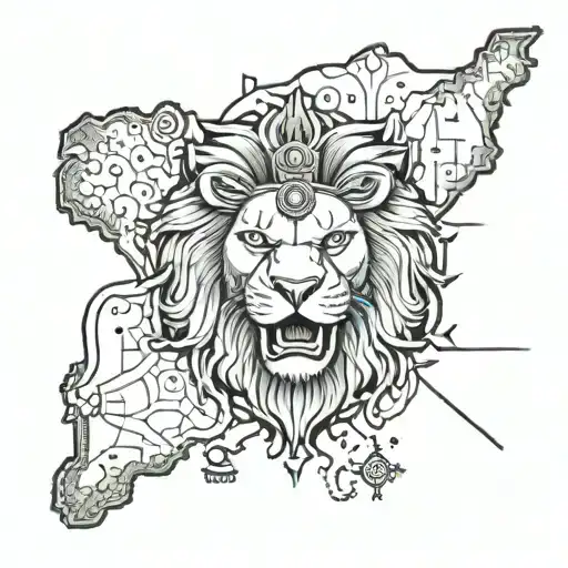 punjab map outline with lion head and pistols crossing each tattoo design idea