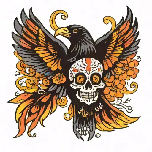 Haida raven traditional colors wings spread out combined with a Dia de los Muertos marigold that resembles radiant sun. tattoo design idea