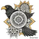 Haida raven combined with a Dia de los Muertos marigold that resembles a radiant sun. the raven is in front of the sun tattoo design idea