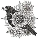 Haida raven combined with a Dia de los Muertos marigold that resembles a radiant sun. the raven is in front of the sun tattoo design idea