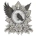 Haida raven combined with a Dia de los Muertos marigold that resembles a radiant sun. the raven is in front of the sun tattoo design idea