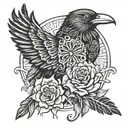 Haida raven combined with a Dia de los Muertos marigold that resembles a radiant sun. the raven is in front of the sun tattoo design idea