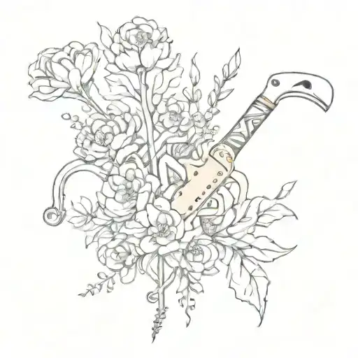 Combine abstract sketches of building tools with delicate flower motifs tattoo design idea