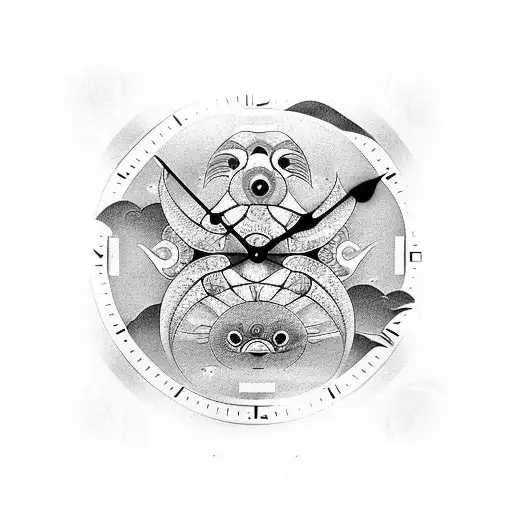 an old analogue round clock inside a pisces sign that is made up of two koi fish, that is like japanese ying-yang  tattoo design idea