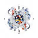 and old round clock showing 9:20 within a pisces sign that is made up of two koi fish, that is like ying-yang tattoo design idea