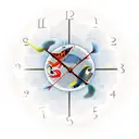 and old round clock showing 9:20 within a pisces sign that is made up of two koi fish, that is like ying-yang tattoo design idea