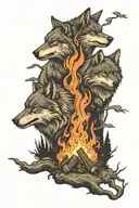 wolves, a bonfire near a lake surrounded by trees, two shadows in a bonfire  tattoo design idea