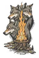 wolves, a bonfire near a lake surrounded by trees, two shadows in a bonfire  tattoo design idea