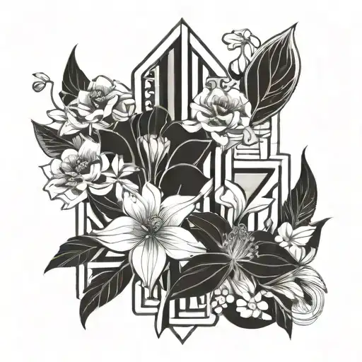 Incorporate elements of Art Deco architecture into a floral design tattoo design idea