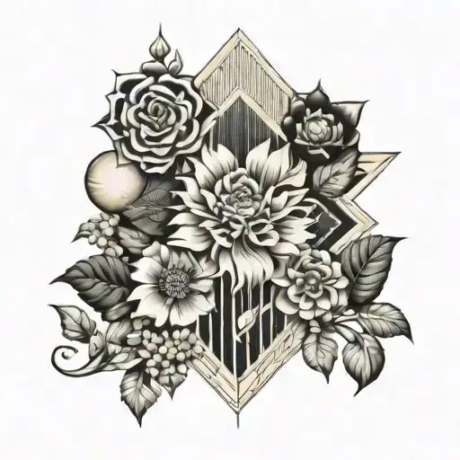 encorporate art deco architecture patterns into a floral design tattoo design idea