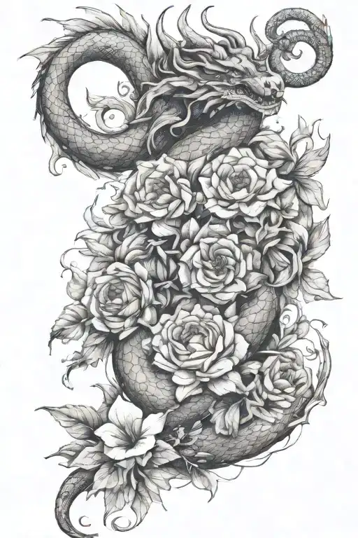 dainty tattoo with alot of flowers and a simple dragon tattoo design idea