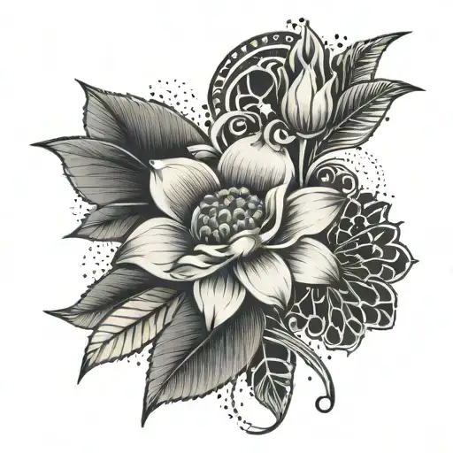 floral design with art deco pattern in background tattoo design idea