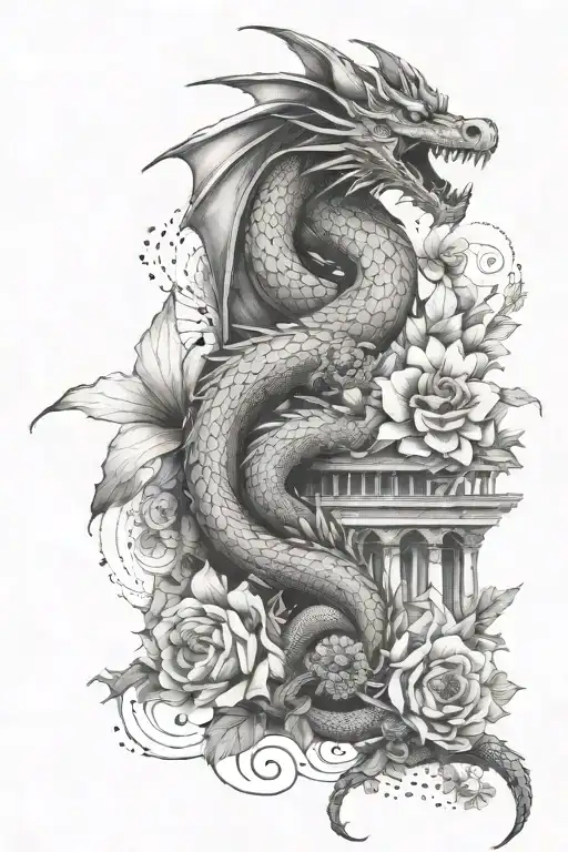 flowers with dragon abd abstract architecture tattoo design idea