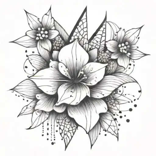 flowers with abstract architectural lines and shading behind tattoo design idea