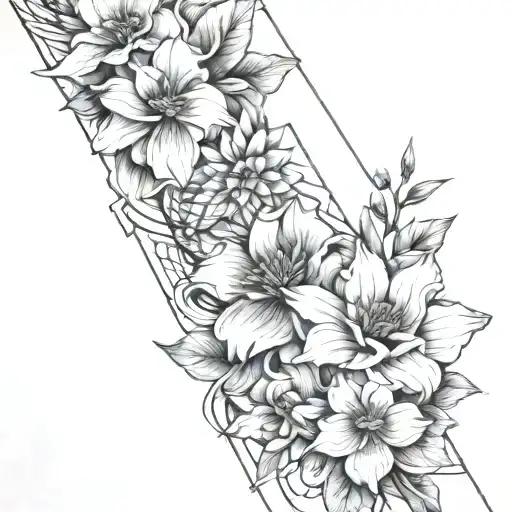 flowers with abstract architectural lines, north arrow, and shadowing, for the shoulder tattoo design idea