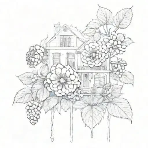 architecture, flowers, raspberries tattoo design idea