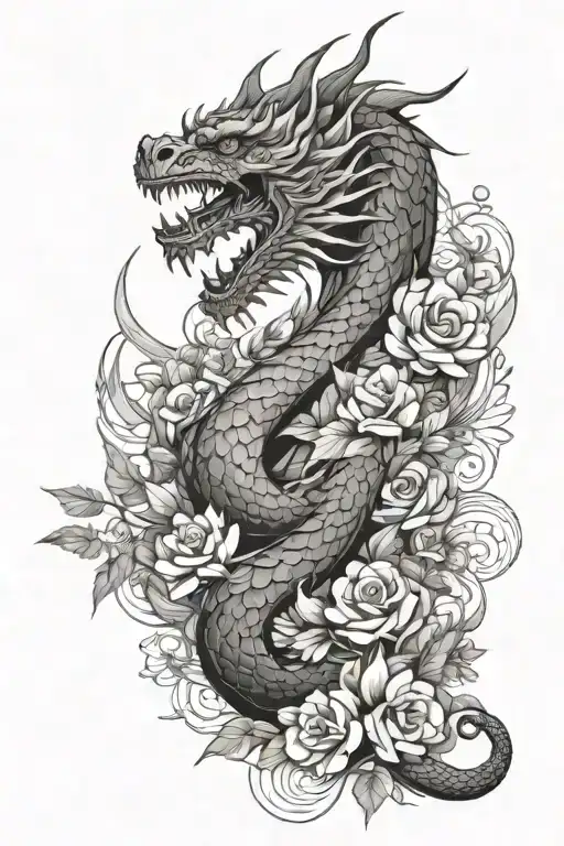 flowers with dragon abd abstract architecture tattoo design idea