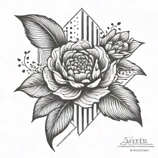 Incorporate elements of Art Deco architecture in the background of a realistic floral design with negative space tattoo design idea