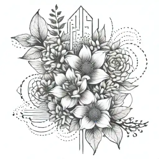 flowers with abstract architectural lines and shading behind tattoo design idea