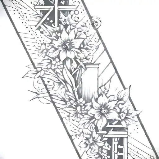 abstract architectural lines with alot of flowers and north arrow  tattoo design idea