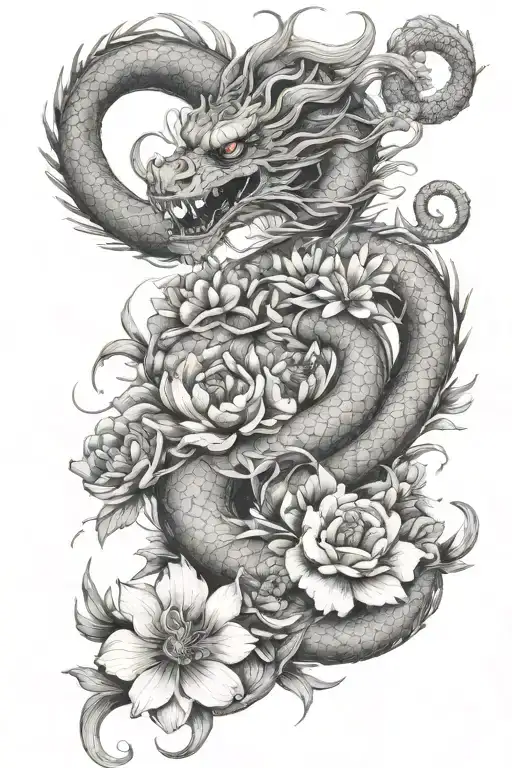 dainty tattoo with alot of flowers and a simple chinese dragon tattoo design idea