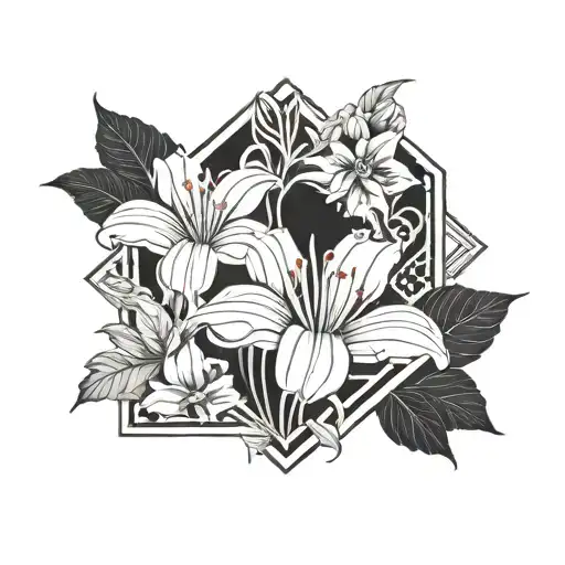 Incorporate elements of Art Deco architecture in the background of a realistic floral design tattoo design idea
