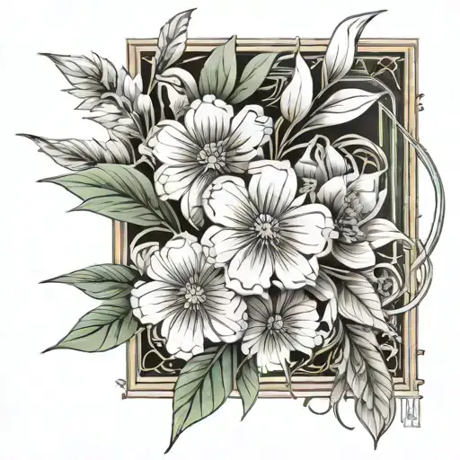 Incorporate elements of Art Deco architecture in the background of a realistic floral design tattoo design idea