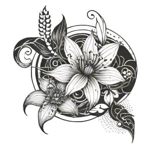 flowers with abstract architectural lines and shading behind tattoo design idea
