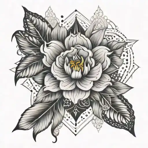 Incorporate elements of Art Deco architecture in the background of a realistic floral design with negative space and ras tattoo design idea
