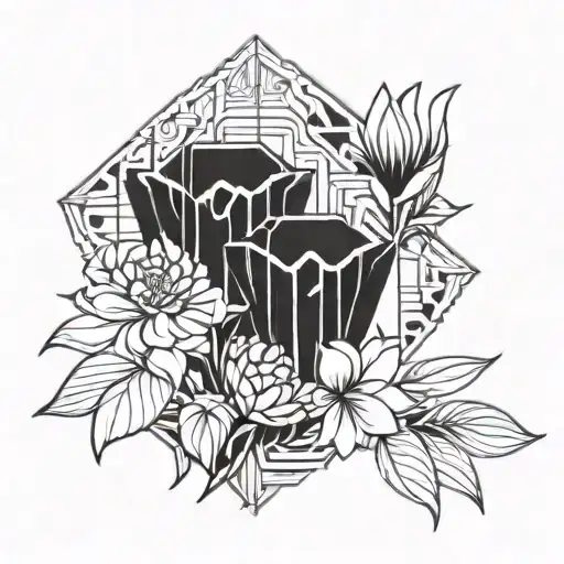 Incorporate elements of Art Deco architecture into a floral design tattoo design idea