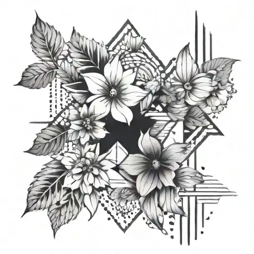 flowers with abstract architectural lines and shading behind tattoo design idea