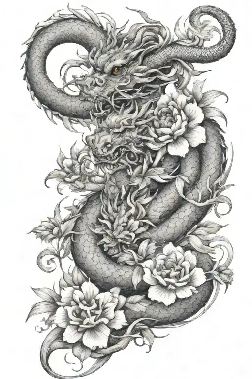 dainty tattoo with alot of flowers and a simple chinese dragon tattoo design idea