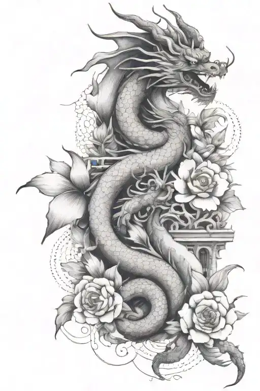 flowers with chinese dragon and abstract architecture tattoo design idea