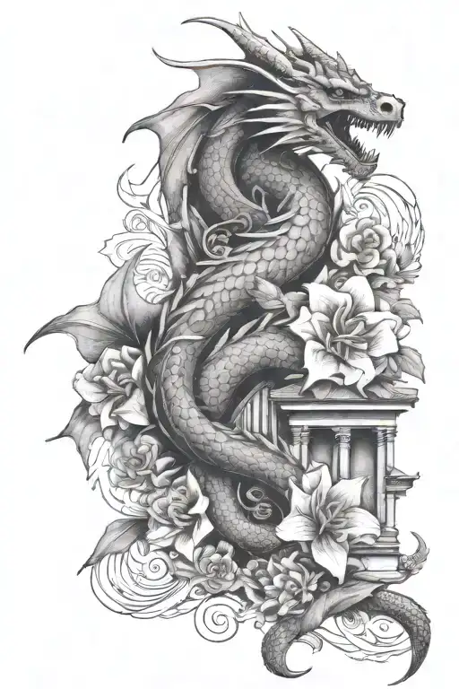 flowers with dragon abd abstract architecture tattoo design idea