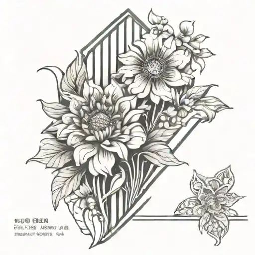 Incorporate elements of Art Deco architecture in the background of a realistic floral design with negative space tattoo design idea