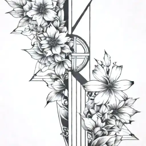 flowers with abstract architectural lines, north arrow, and shadowing, for the shoulder tattoo design idea
