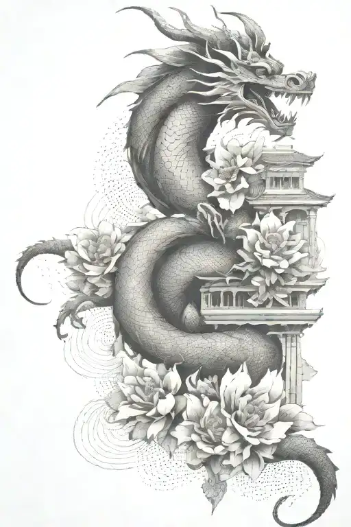 flowers with chinese dragon wrapped behind and abstract architecture  tattoo design idea