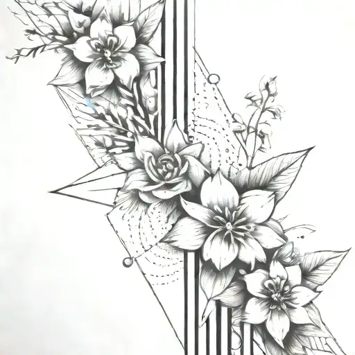 flowers with abstract architectural lines and north arrow for the shoulder tattoo design idea