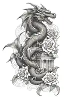 flowers with dragon abd abstract architecture tattoo design idea