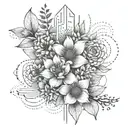 flowers with abstract architectural lines and shading behind tattoo design idea