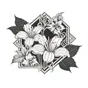 Incorporate elements of Art Deco architecture in the background of a realistic floral design tattoo design idea