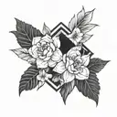 Incorporate elements of Art Deco architecture in the background of a realistic floral design tattoo design idea