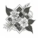 Incorporate elements of Art Deco architecture in the background of a realistic floral design tattoo design idea