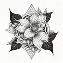 Incorporate elements of Art Deco architecture in the background of a realistic floral design tattoo design idea