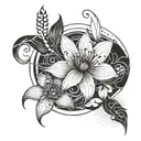 flowers with abstract architectural lines and shading behind tattoo design idea