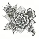 flowers with abstract architectural lines and shading behind tattoo design idea