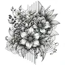 flowers with abstract architectural lines and shading behind tattoo design idea