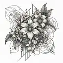 flowers with abstract architectural lines and shading behind tattoo design idea