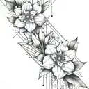 flowers with abstract architectural lines and north arrow for the shoulder tattoo design idea